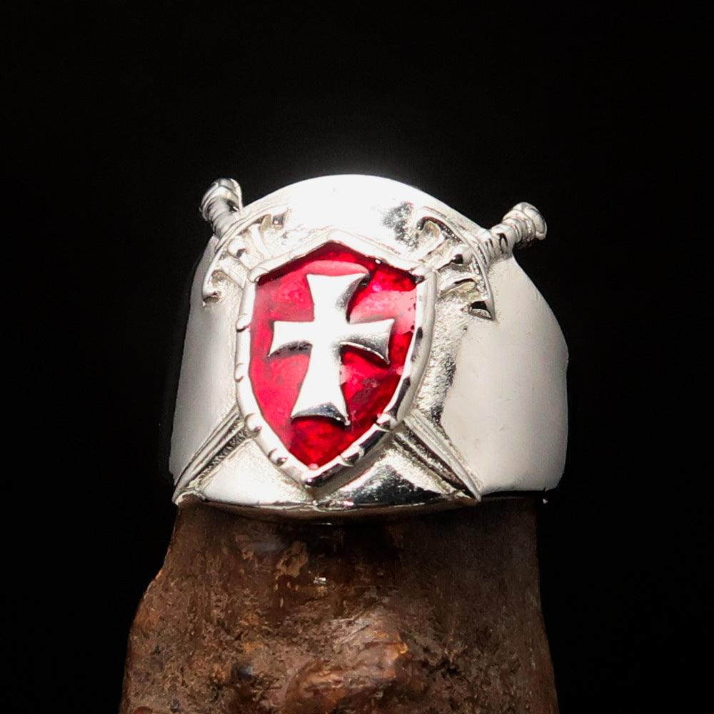 Crossed Swords Men's red Knights Templar Cross Ring made of high-polished sterling silver with red enamel detailing.