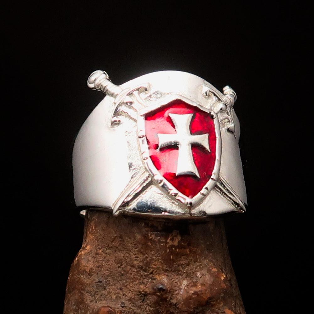 Crossed Swords Men's red Knights Templar Cross Ring made of high-polished sterling silver with red enamel detailing.