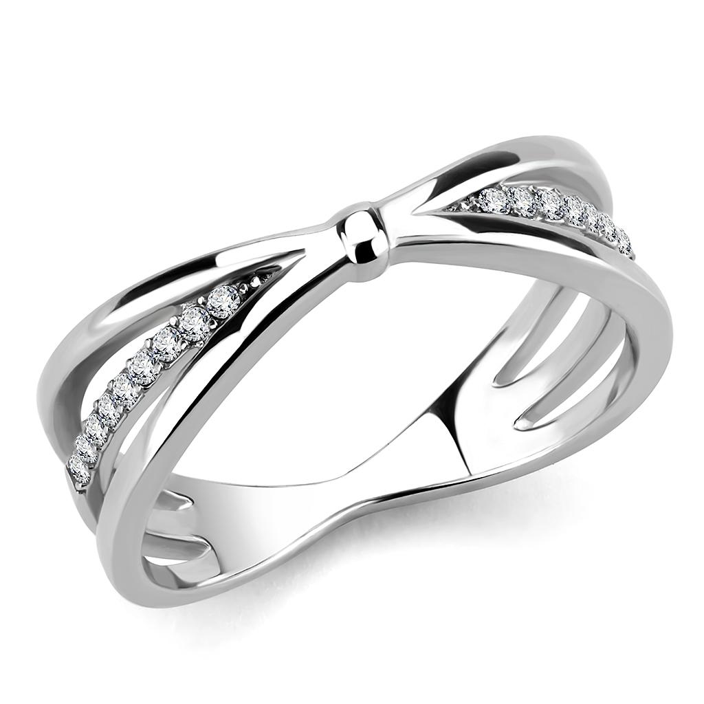 DA239 High Polished Stainless Steel Ring featuring a clear AAA Grade CZ stone, showcasing its elegant design and shiny finish.