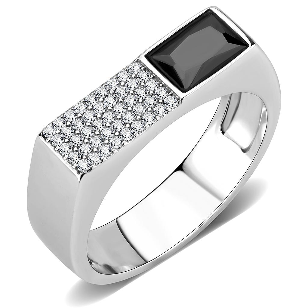 DA252 High Polished Stainless Steel Ring featuring AAA Grade CZ in Black Diamond color with an oblong shape.