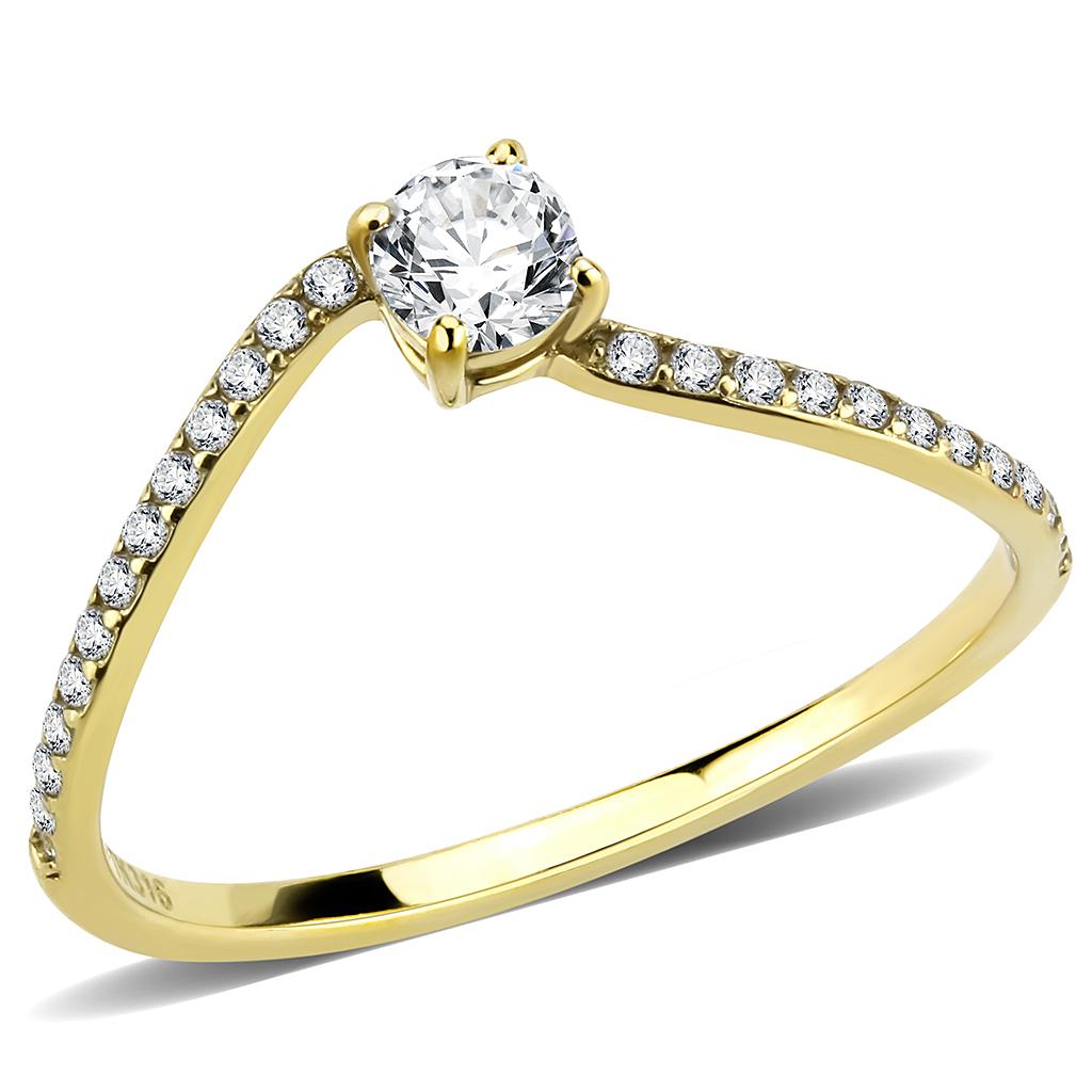 DA256 IP Gold Stainless Steel Ring with AAA Grade CZ stones, showcasing a luxurious design and elegant gold plating.