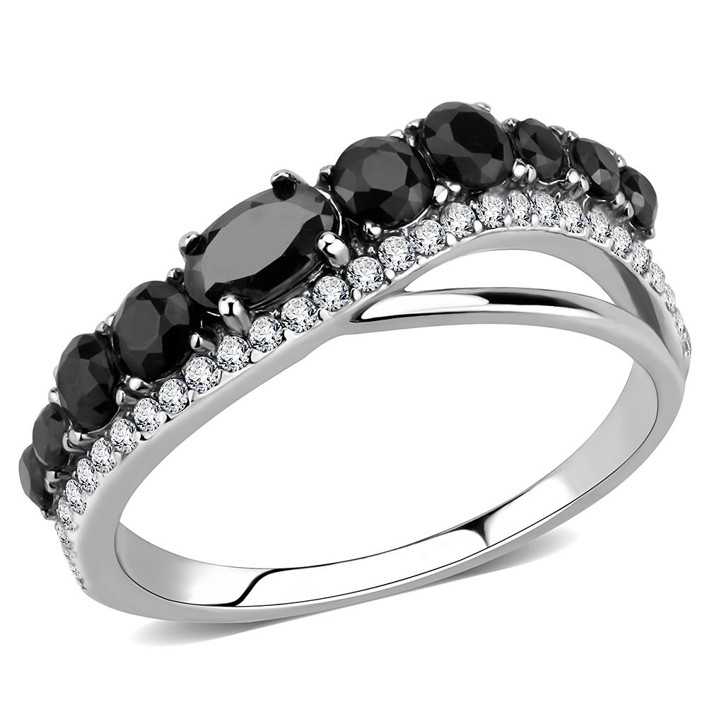DA269 High Polished Stainless Steel Ring featuring AAA Grade Black Diamond CZ stone, showcasing a sleek and modern design.
