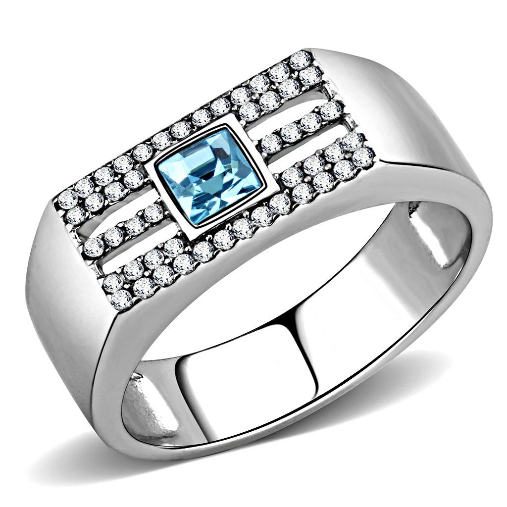 DA283 High Polished Stainless Steel Ring featuring a vibrant sea blue top-grade crystal, showcasing its elegant design and high polish finish.