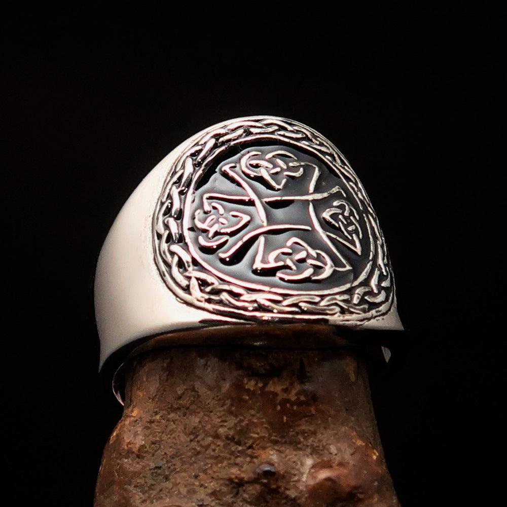 Ancient black Celtic Birgit's Cross Men's Ring made of solid sterling silver with black enamel finish, showcasing intricate design.