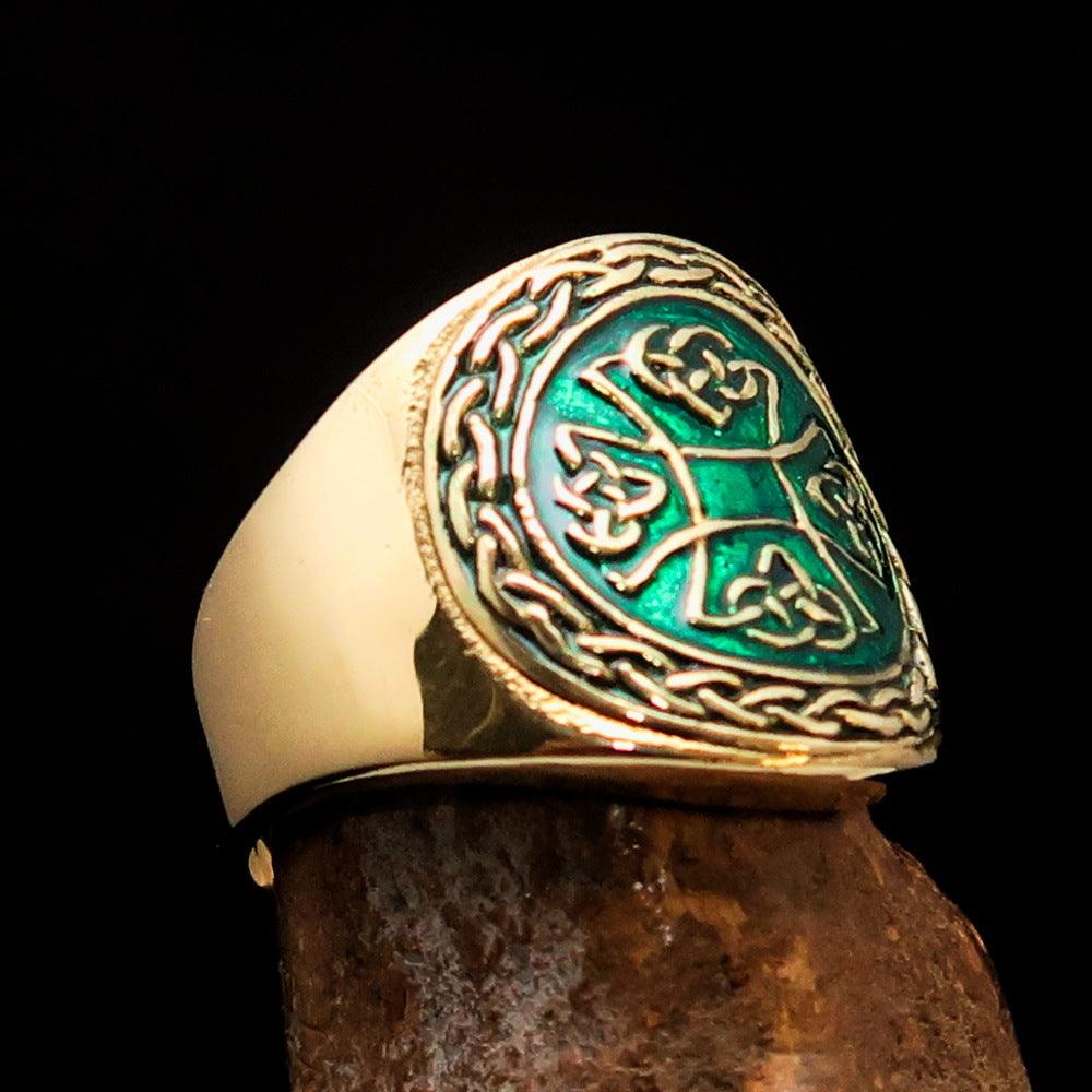 Ancient green Celtic Birgit's Cross Men's Pinky Ring made of solid brass with a mirror polish and green enamel.