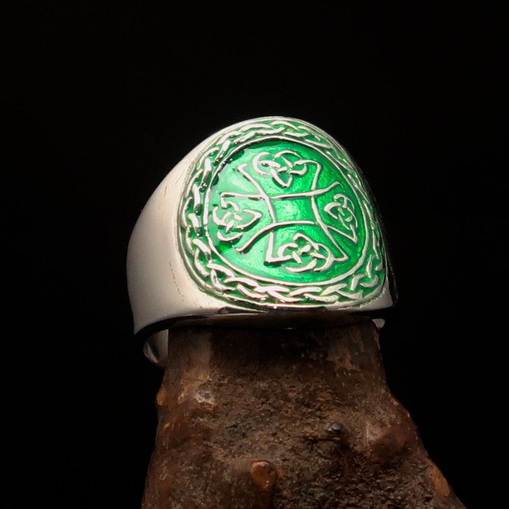 Ancient green Celtic Birgit's Cross Men's Ring made of solid sterling silver with a polished finish and green enamel detailing.