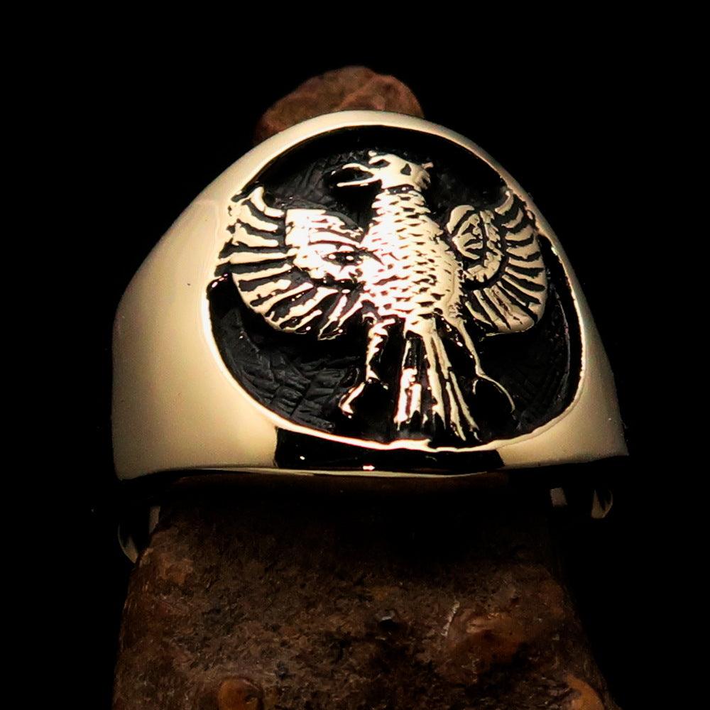 Men's Black Garuda Ring made of solid brass with high polish finish and intricate enamel detailing, showcasing a powerful ancient design.