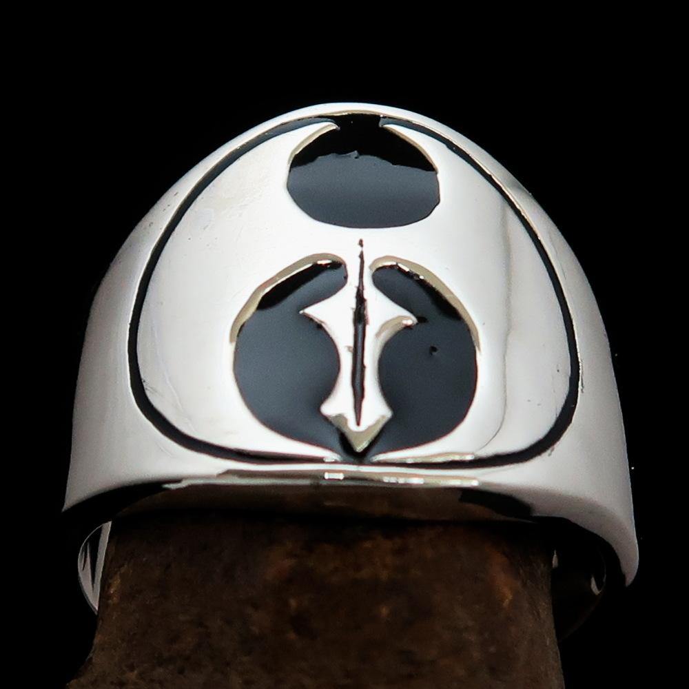 Men's Black Labrys double axe ring made of solid sterling silver with a high polished enamel finish, showcasing intricate design and craftsmanship.