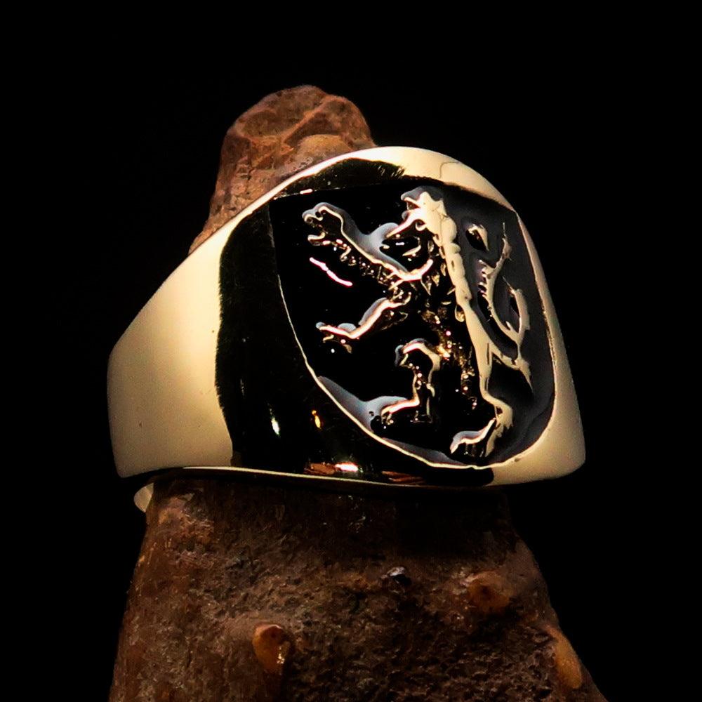 Men's black Rampant Lion Ring made of solid brass with intricate enamel detailing and high polish finish.