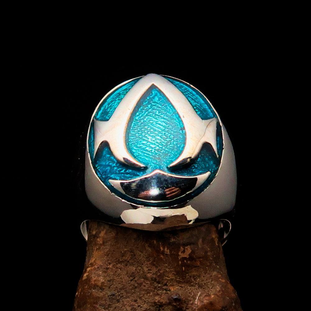 Men's blue Assassin Ring made of high polished Sterling Silver with blue enamel, showcasing intricate design and hallmarked 925.