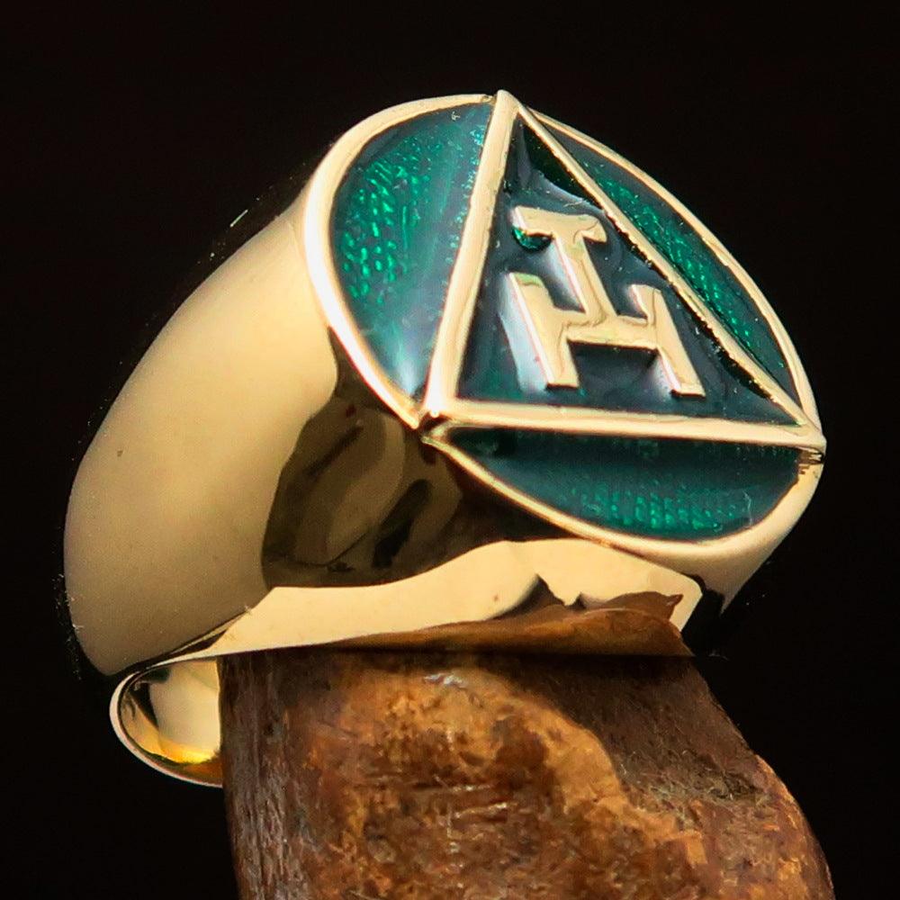Men's green Masonic pinky ring made of solid brass with high polish and enamel finish, showcasing intricate design.