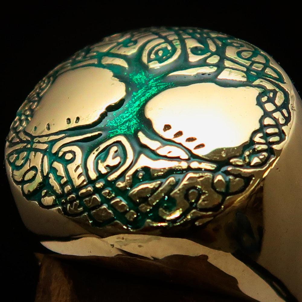 Men's green Tree of Life ring made of solid brass with high polish finish and vibrant green enamel design.