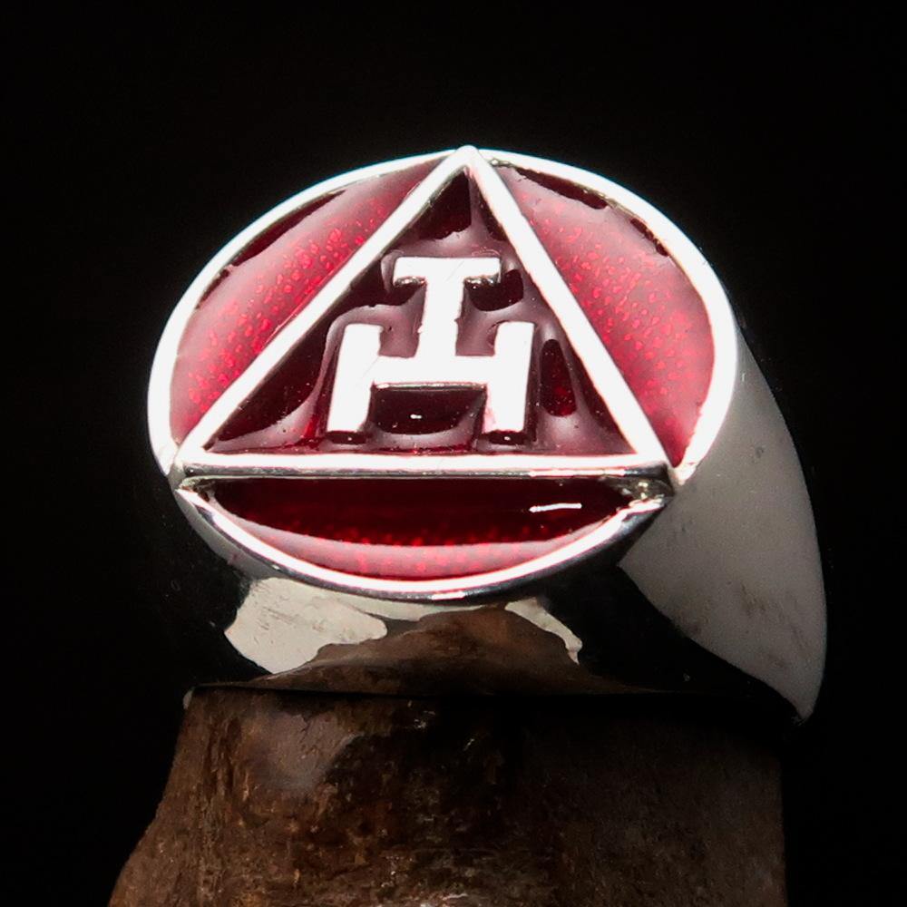 Men's Red Masonic Ring made of solid sterling silver with high polish and red enamel, showcasing Masonic symbols.