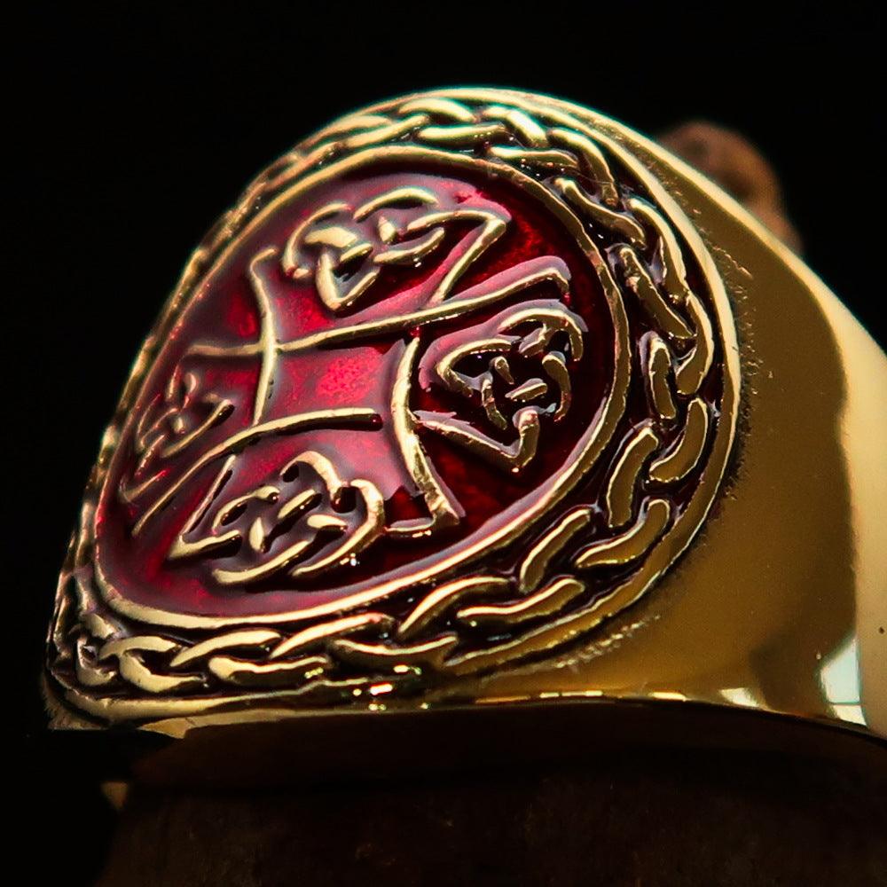 Ancient red Celtic Birgit's Cross Men's Pinky Ring made of solid brass with a mirror polish and red enamel detailing.
