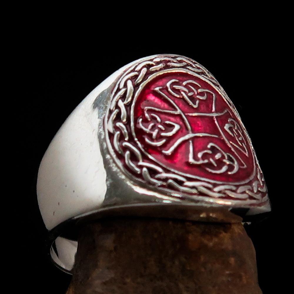 Ancient red Celtic Birgit's Cross Men's Ring made of solid sterling silver with red enamel detailing.