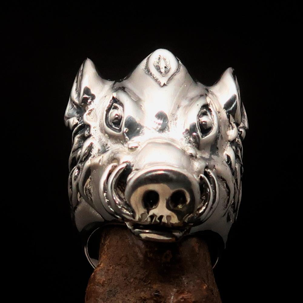 Antiqued sterling silver animal ring featuring a boar wild pig design, showcasing intricate craftsmanship and a vintage finish.