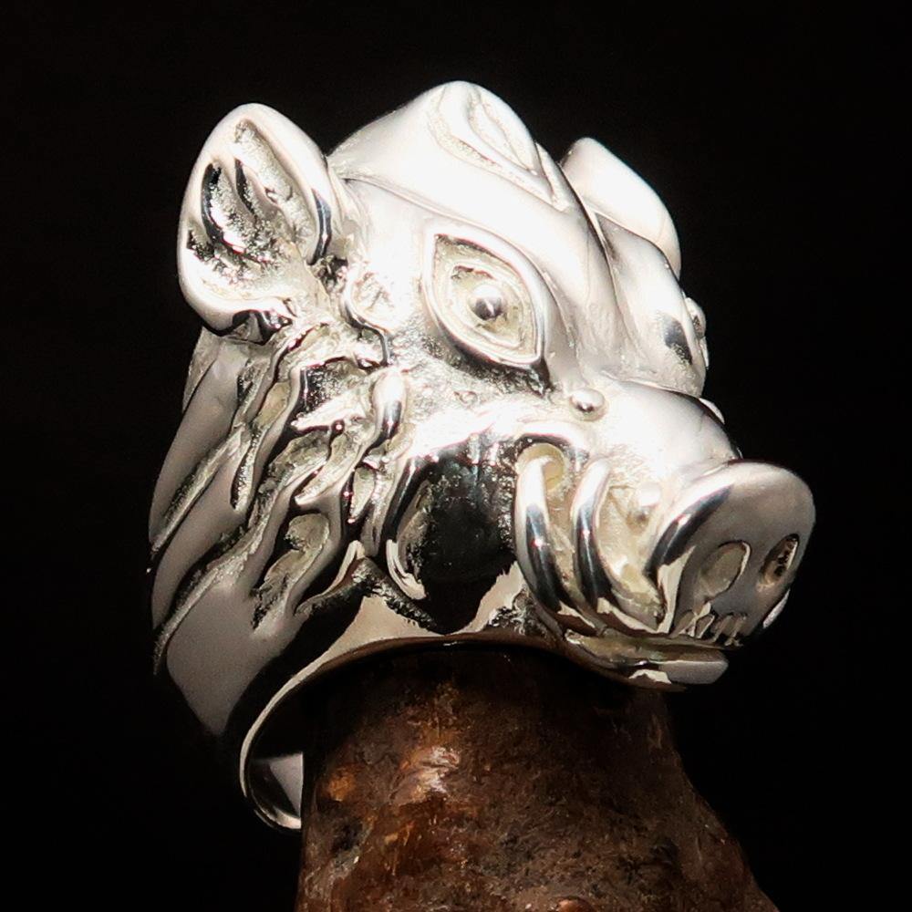 Shiny Sterling Silver Animal Ring featuring a detailed Boar Wild Pig design, showcasing its polished finish and craftsmanship.