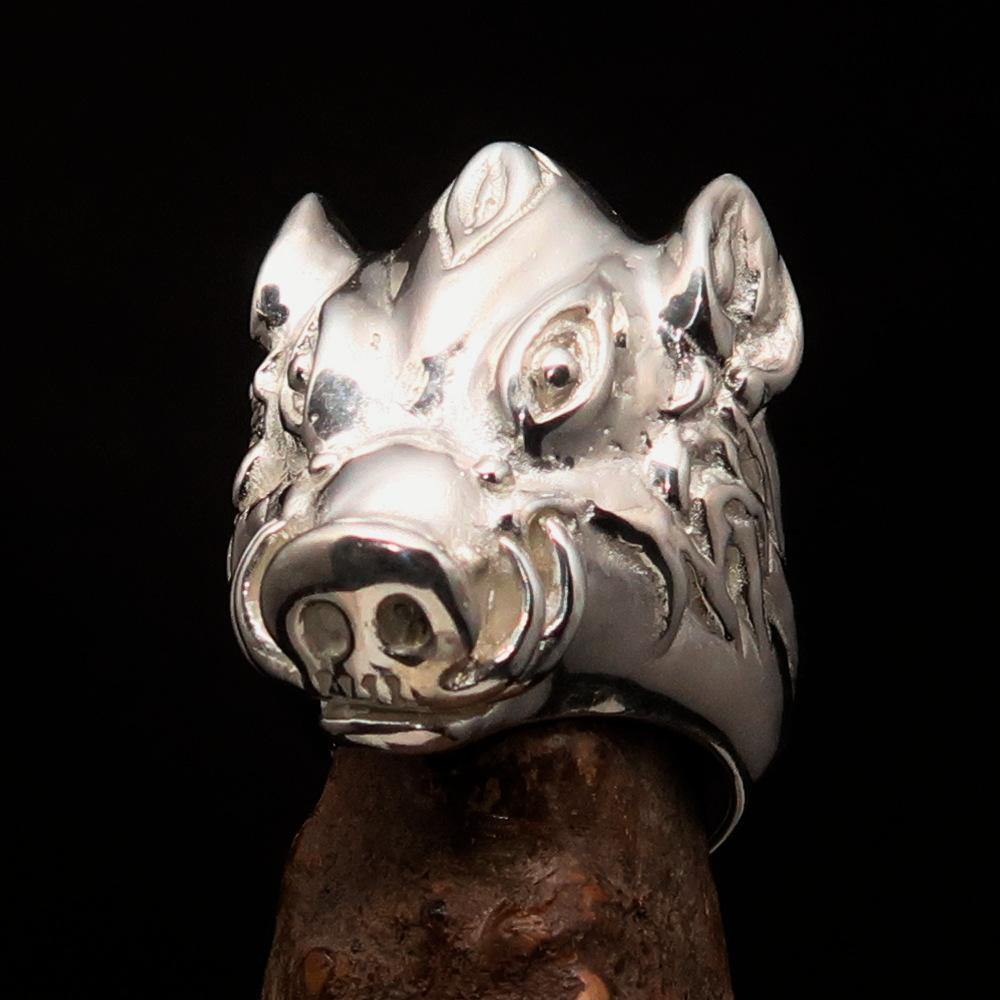 Shiny Sterling Silver Animal Ring featuring a detailed Boar Wild Pig design, showcasing its polished finish and craftsmanship.