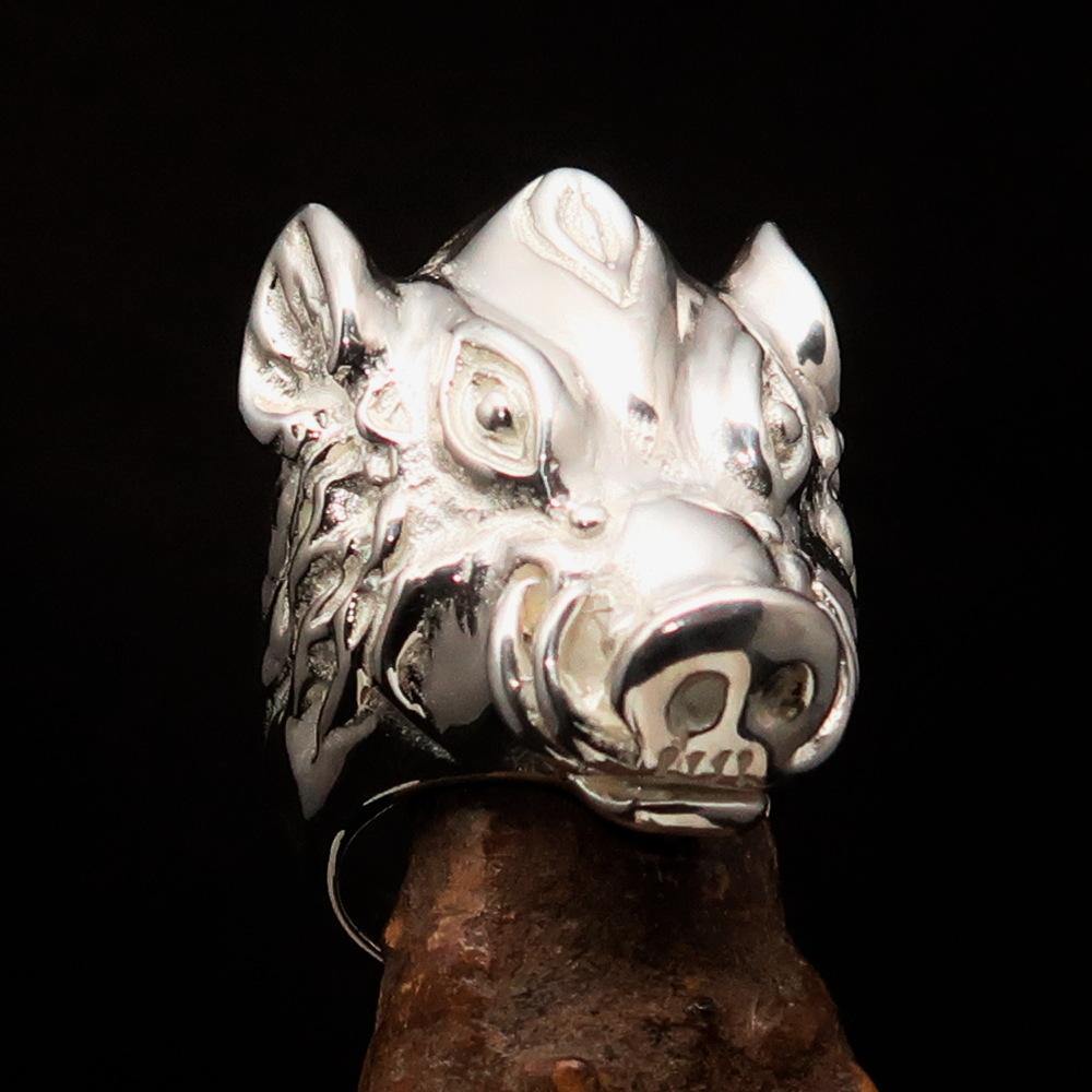Shiny Sterling Silver Animal Ring featuring a detailed Boar Wild Pig design, showcasing its polished finish and craftsmanship.