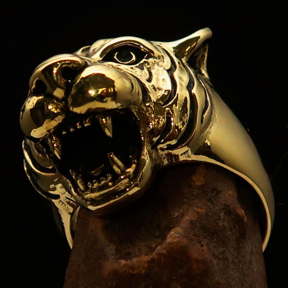 Solid brass ring featuring an intricately crafted tiger head design with polished and antiqued finishes.