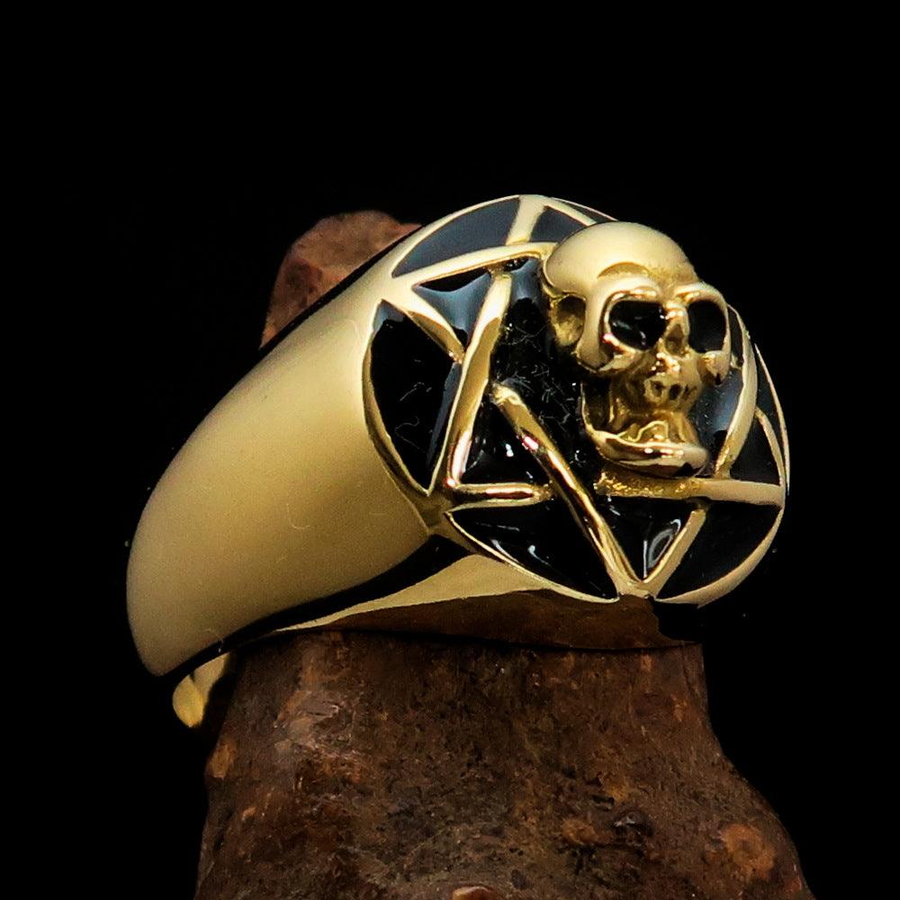 Men's black hexagram skull ring made of solid brass with a polished finish and black enamel detailing.