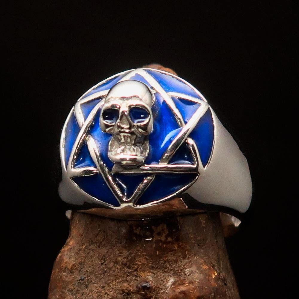Men's blue hexagram skull ring made of high-polished sterling silver with blue enamel detailing, showcasing a unique and bold design.