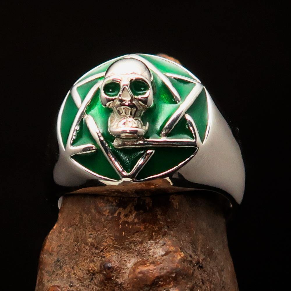 Men's green hexagram skull ring made of solid sterling silver with a polished finish and green enamel inlay.