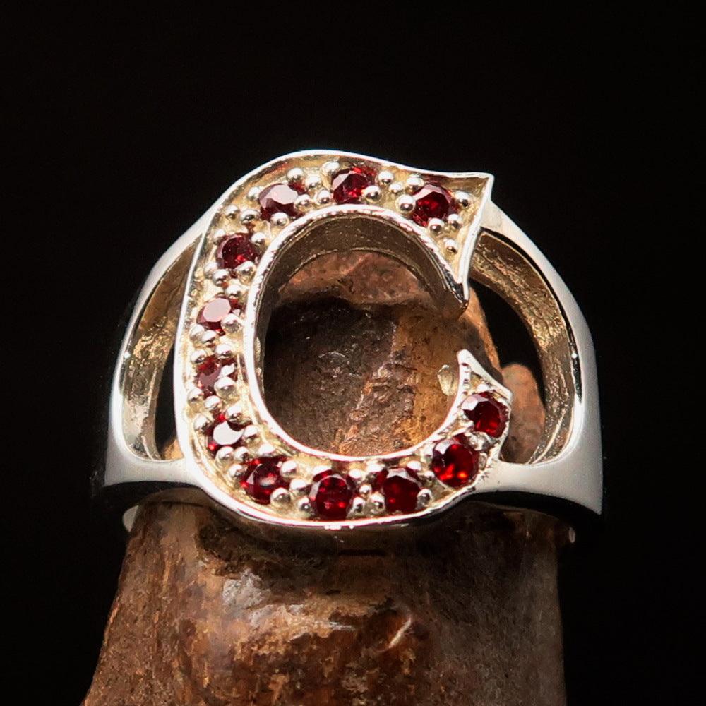 Excellent Crafted Initial Ring featuring a bold letter C design with 12 red cubic zirconias set in solid sterling silver.