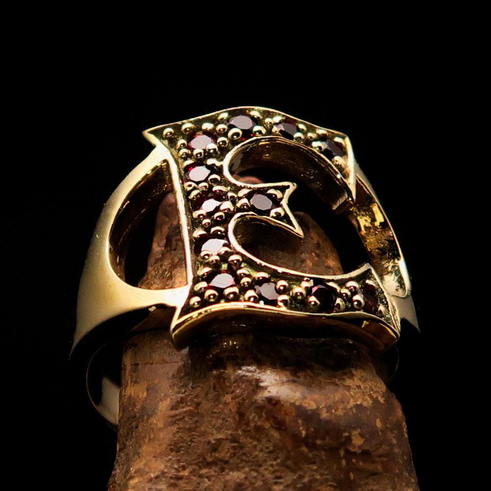 Excellent crafted Initial Ring featuring a bold Letter E, adorned with 12 red Cubic Zirconias, made from solid brass with a mirror polished finish.