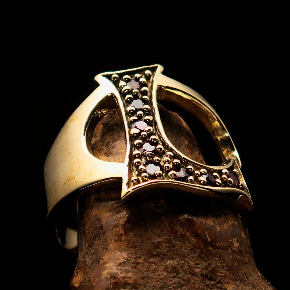 Excellent crafted Initial Ring featuring a bold letter L design with 8 red CZ stones, made from solid brass with a polished finish.