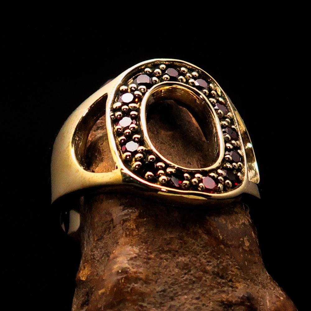 Excellent crafted Initial Ring featuring a bold letter O, adorned with 13 red Cubic Zirconias, made from solid brass with a mirror polished finish.