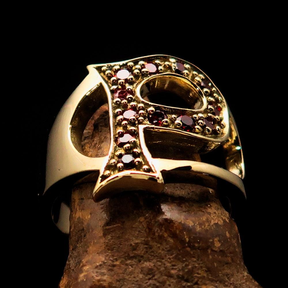 Excellent crafted Initial Ring featuring a bold letter P with 12 red Cubic Zirconias set in solid brass, showcasing a polished finish.