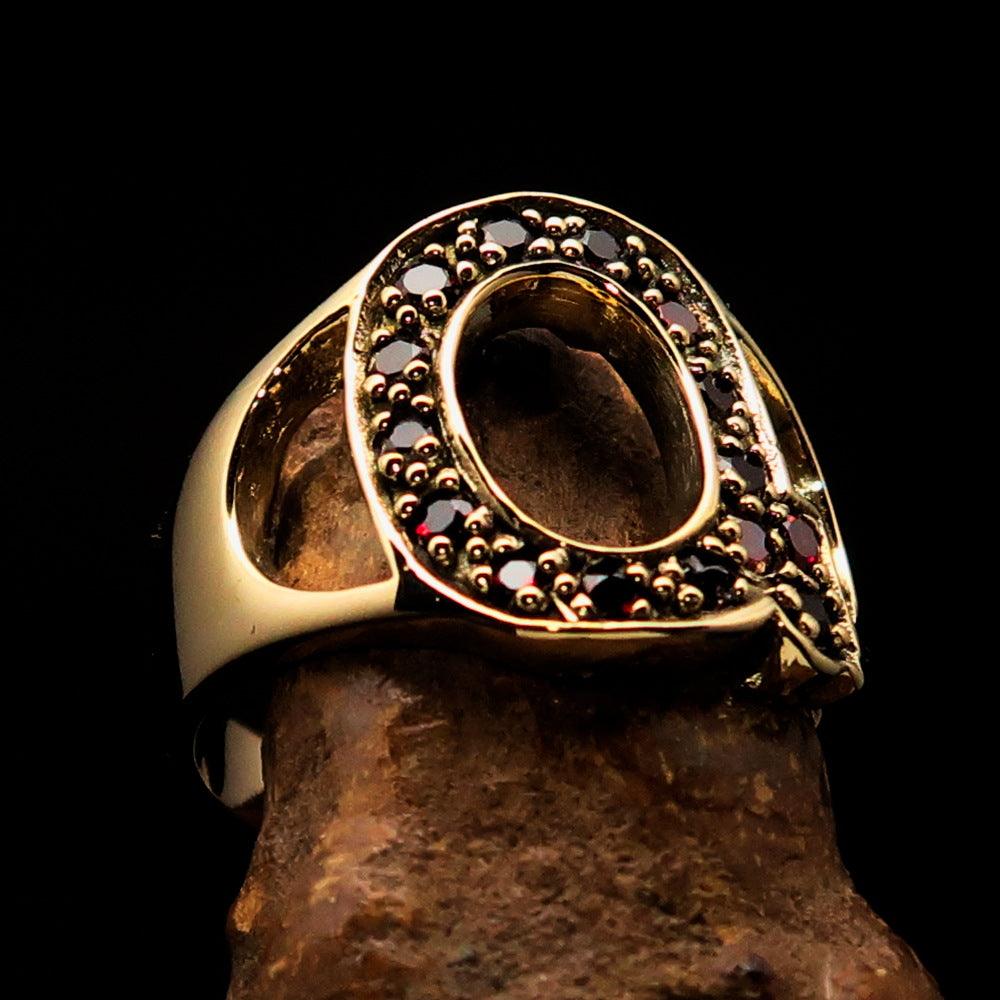 Excellent crafted Initial Ring featuring a bold Letter Q adorned with 15 red Cubic Zirconias, made from solid brass with a polished finish.