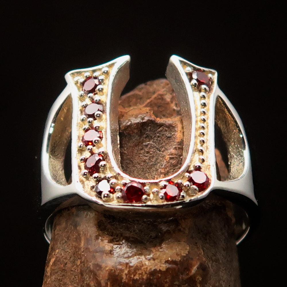 Excellent crafted Initial Ring featuring a bold letter U adorned with 9 red CZ stones, made of high-quality Sterling Silver.