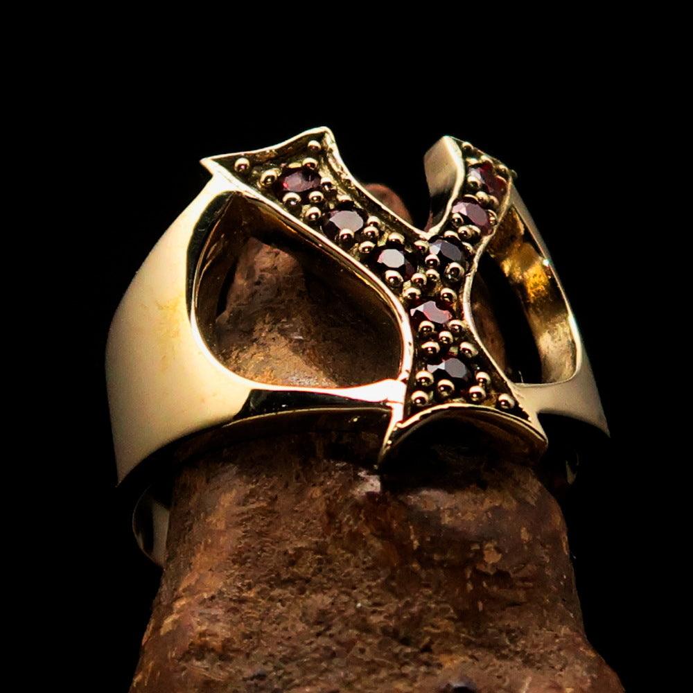 Excellent crafted Initial Ring featuring a bold letter Y adorned with 8 red Cubic Zirconias, made from solid brass with a mirror polished finish.