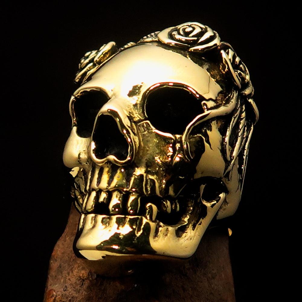 A beautifully crafted Lady's Biker Granny Skull Ring made of solid brass, featuring a high polished and antiqued finish.