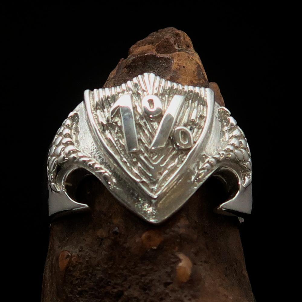 Men's 1% Percenter Biker Shield Ring made of solid sterling silver with a high-polished finish, showcasing its intricate design and hallmark.