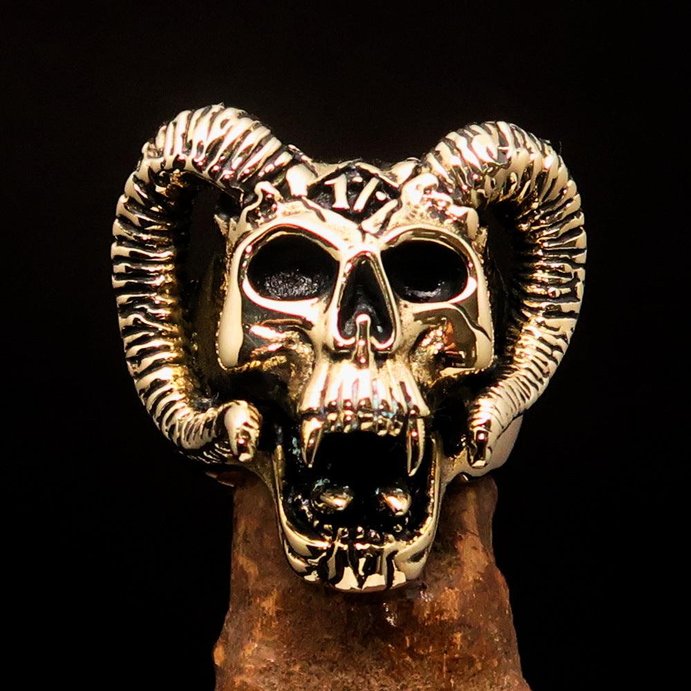 Men's 1% Ram Skull Outlaw Biker Ring made of solid brass with an antiqued finish and mirror-polished accents, showcasing a unique ram skull design.