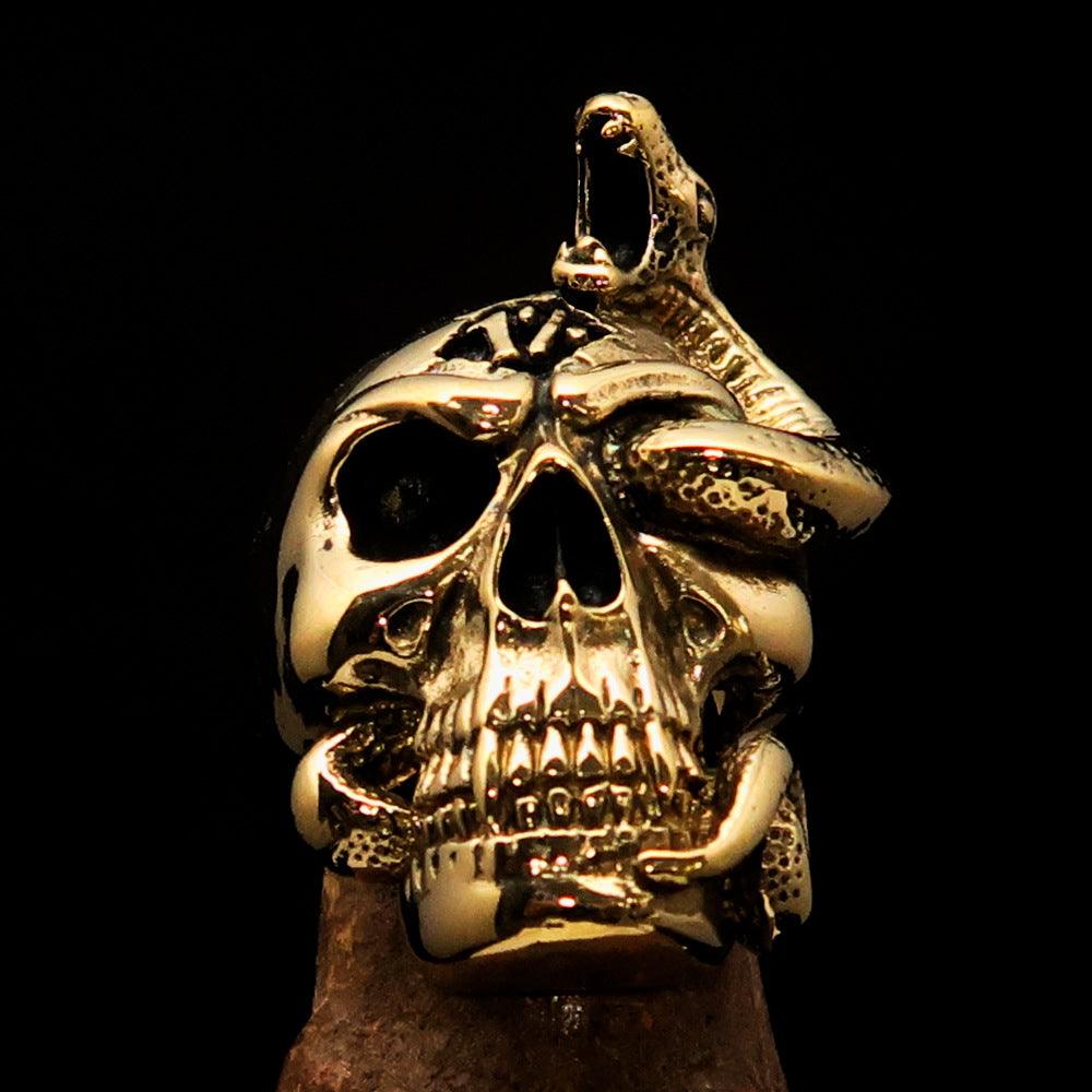 Men's 1% Snake Skull Outlaw Biker Ring made of solid brass with an antiqued finish and intricate design.