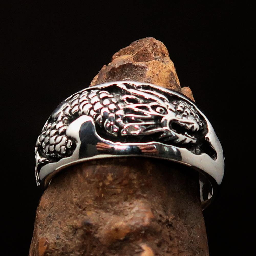Men's Animal Band Ring featuring a dragon and snake design, crafted from high-quality sterling silver with a polished and antiqued finish.
