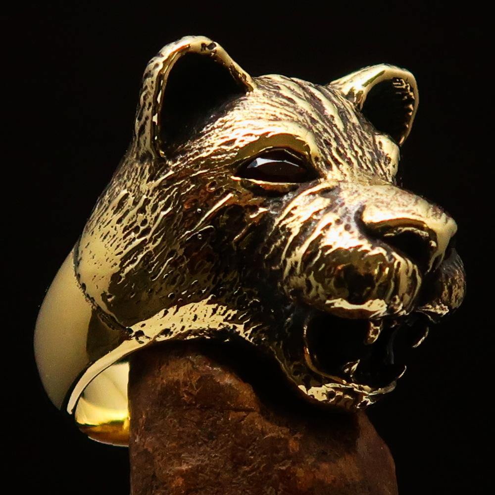Men's Animal Ring featuring a lioness design with red CZ eyes, crafted from solid brass with high polish and antique finishes.