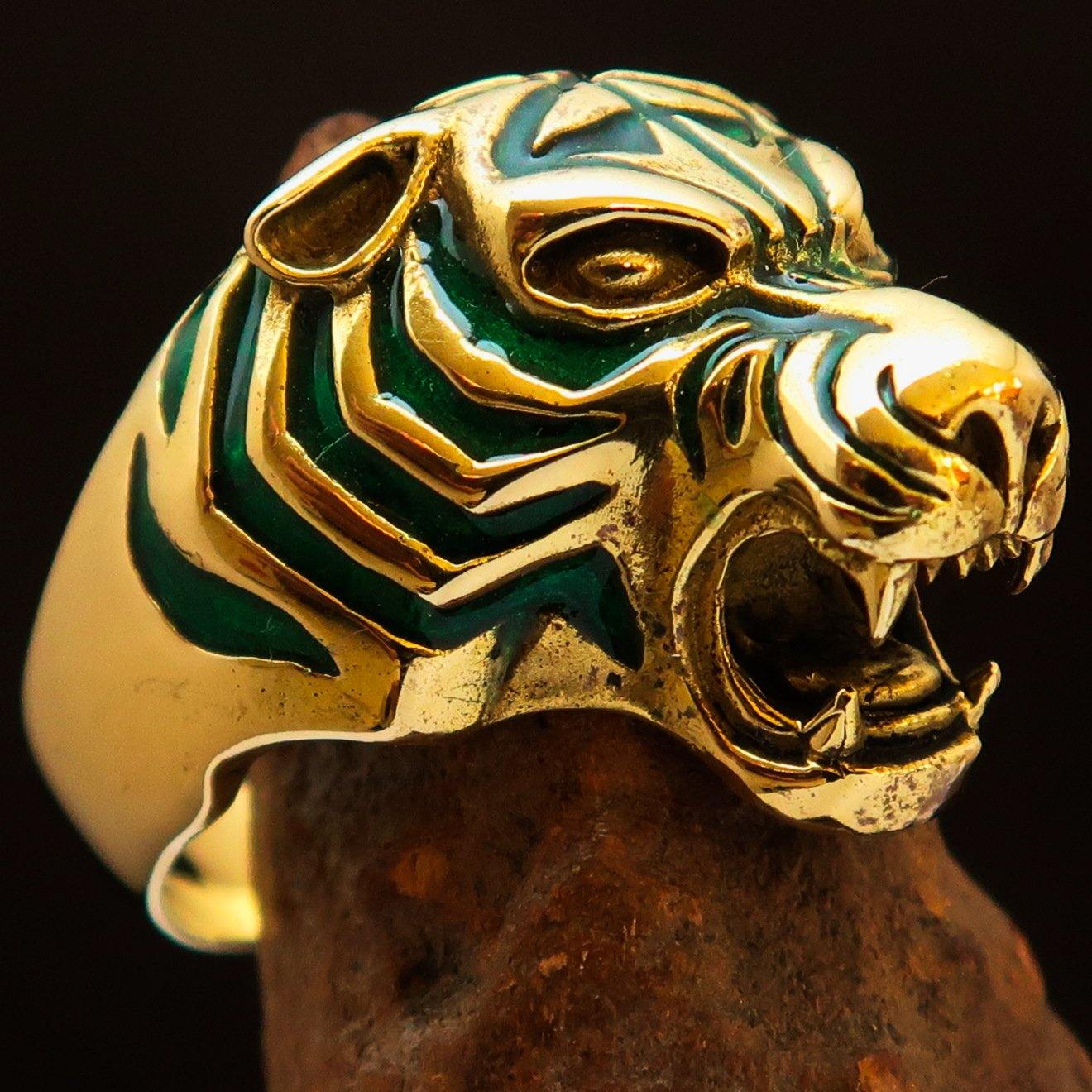 Men's animal ring featuring a male tiger design in solid brass with green enamel detailing, showcasing a high polished finish.