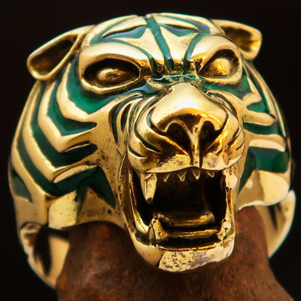 Men's animal ring featuring a male tiger design in solid brass with green enamel detailing, showcasing a high polished finish.