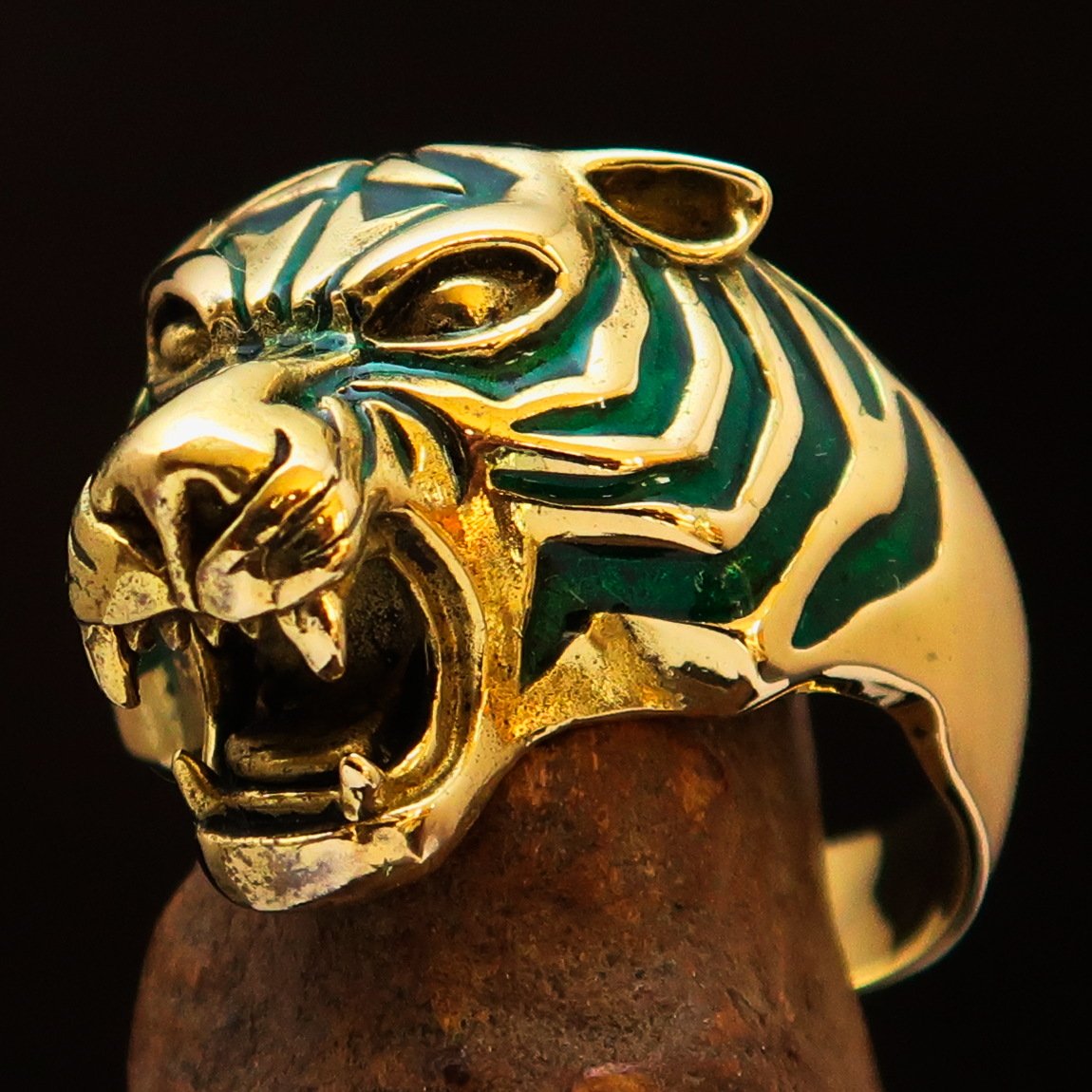 Men's animal ring featuring a male tiger design in solid brass with green enamel detailing, showcasing a high polished finish.