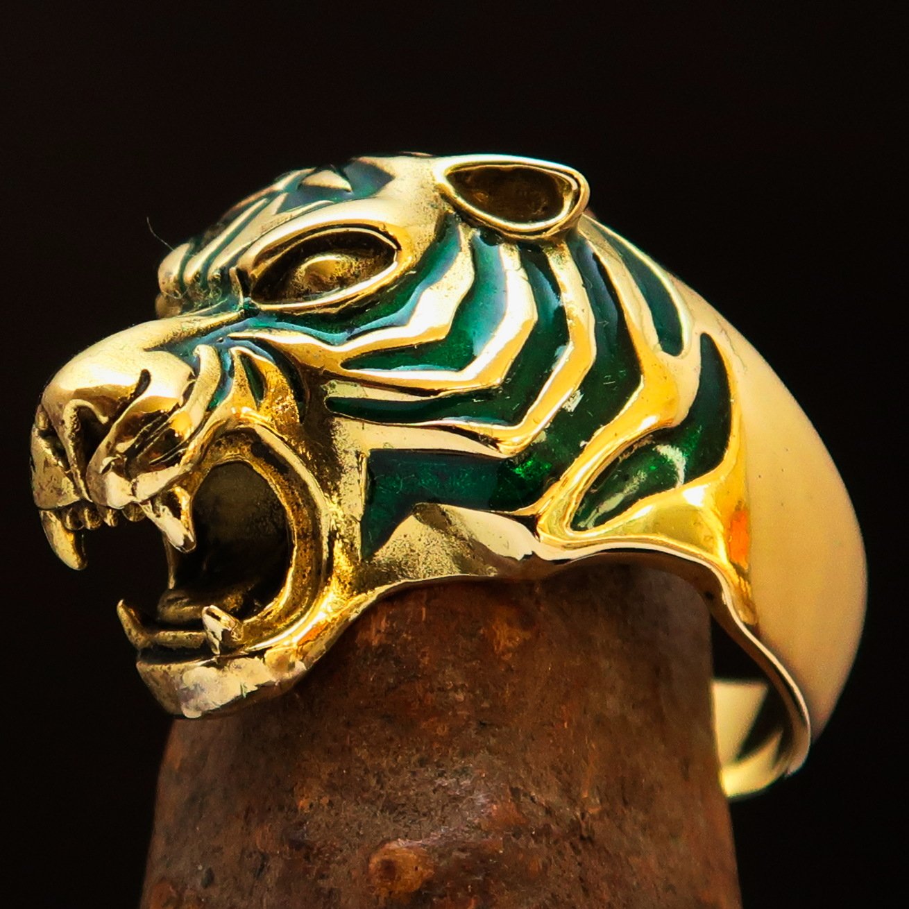 Men's animal ring featuring a male tiger design in solid brass with green enamel detailing, showcasing a high polished finish.