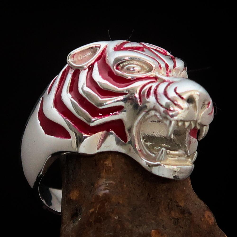 Men's Animal Ring featuring a male Tiger design in Sterling Silver 925 with red enamel accents, showcasing intricate craftsmanship.