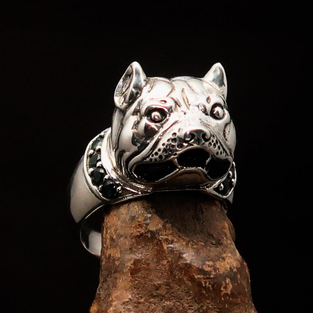 Excellent crafted Men's Animal Ring featuring a Pitbull design with a vibrant red Garnet collar, made from solid Sterling Silver.
