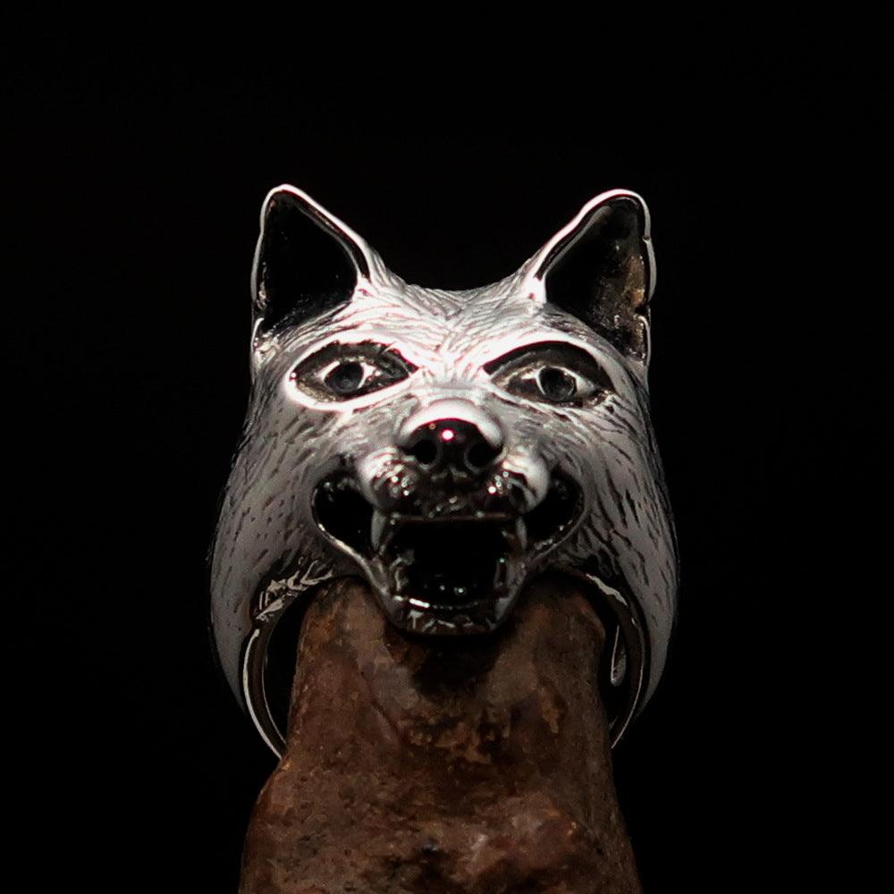 Men's Animal Ring featuring a detailed wolf's head design, crafted from high-quality Sterling Silver with a polished and antiqued finish.