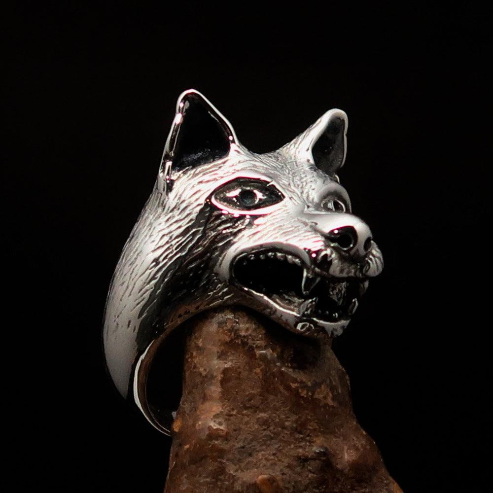 Men's Animal Ring featuring a detailed wolf's head design, crafted from high-quality Sterling Silver with a polished and antiqued finish.