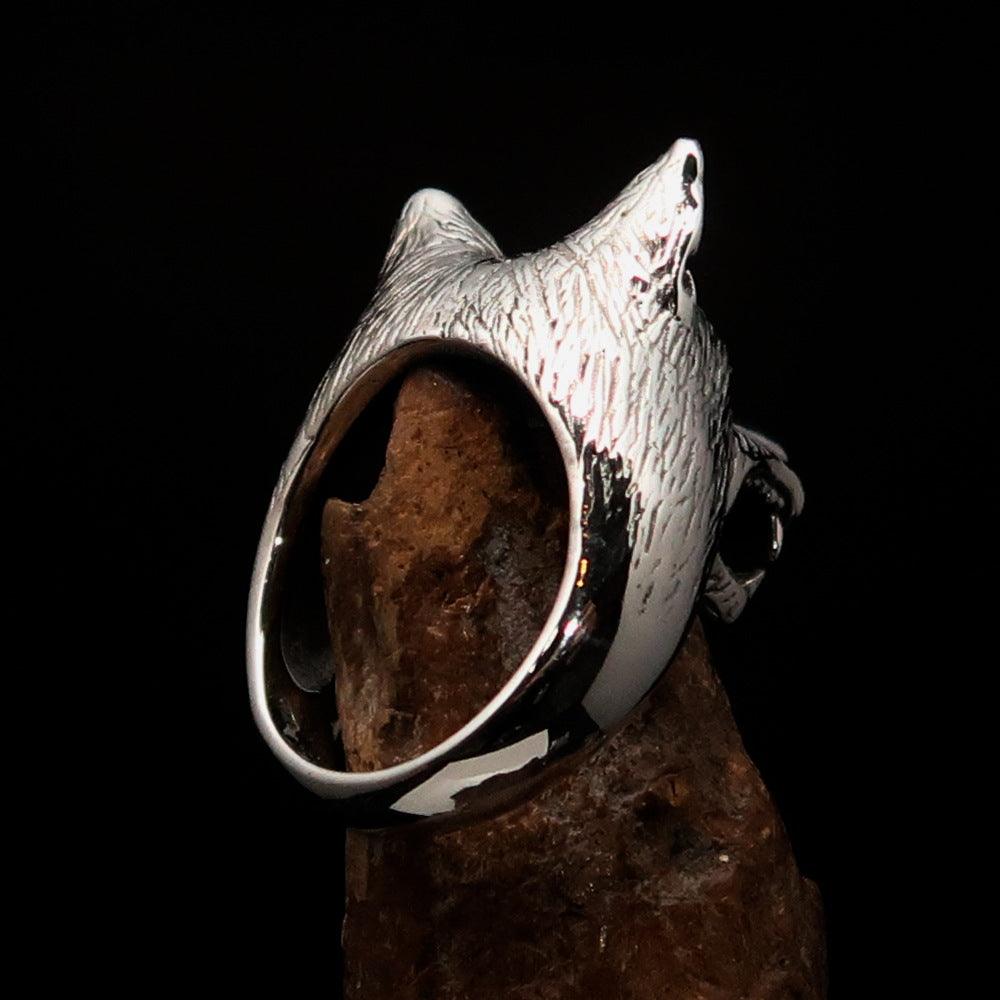 Men's Animal Ring featuring a detailed wolf's head design, crafted from high-quality Sterling Silver with a polished and antiqued finish.
